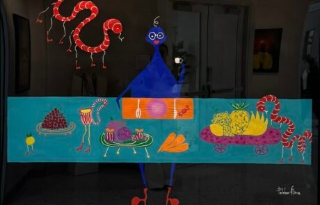 Breakfast with Titi. acrylic on cotton paper. 55 x 69 inches with frame.